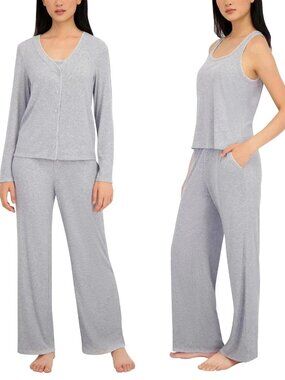 Live2Lounge Women’s  Plus Size 2XL XXL 3 Piece Gray Cardigan Tank Pant Set NWT